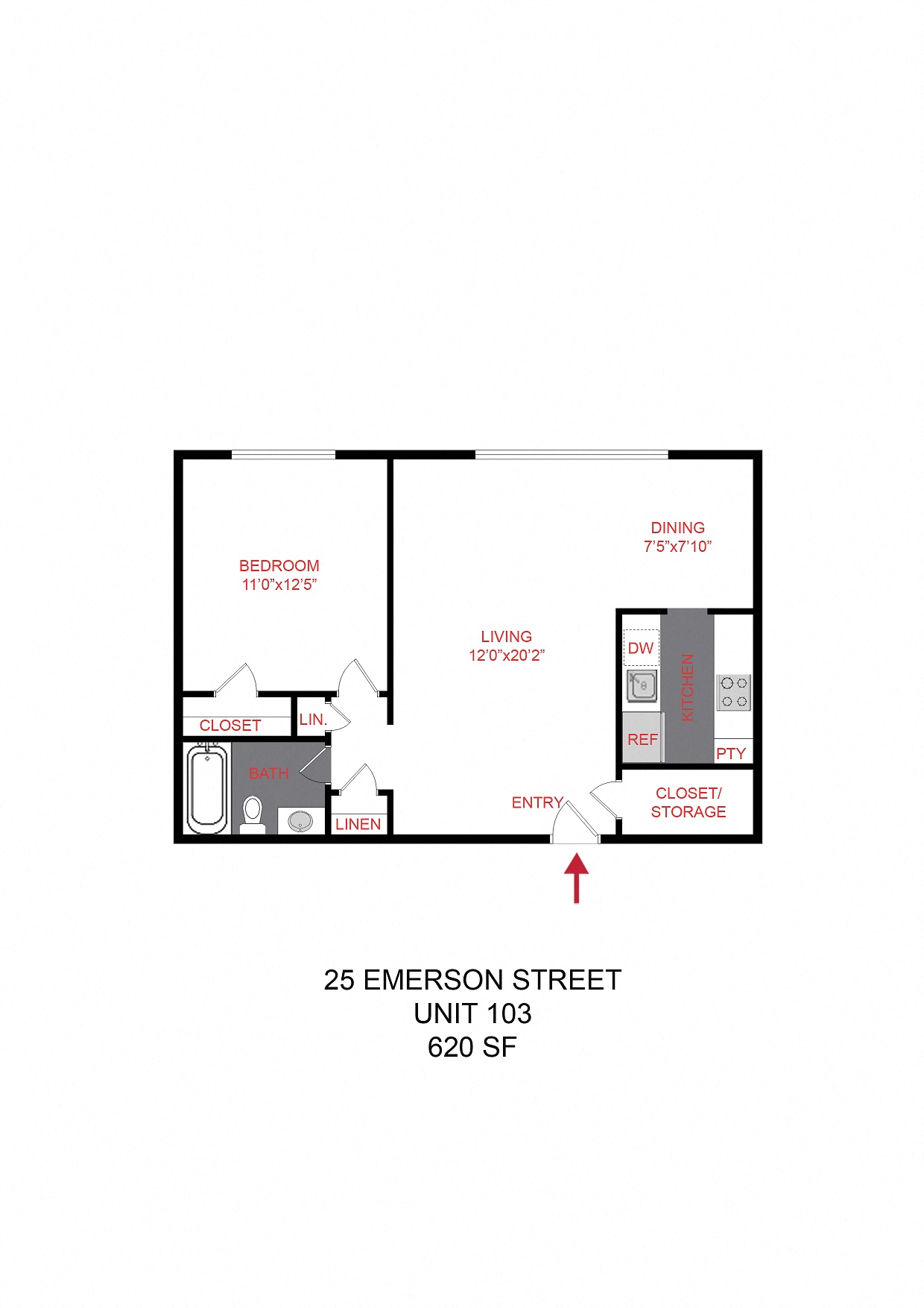 Floor plan for 1 bed, 1 bath, 610 sqft